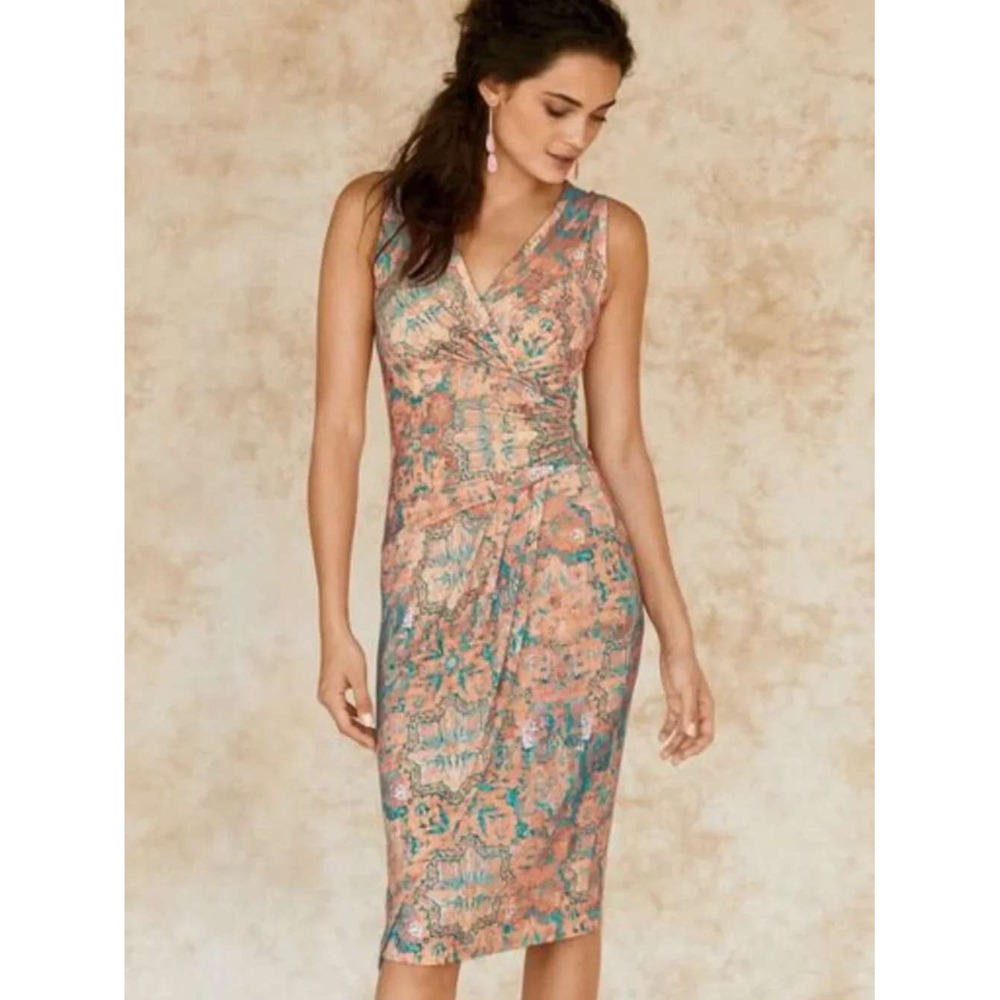 Peruvian Connection Halcyon Dress Blush Peach Medallion Paisley Faux Wrap Med